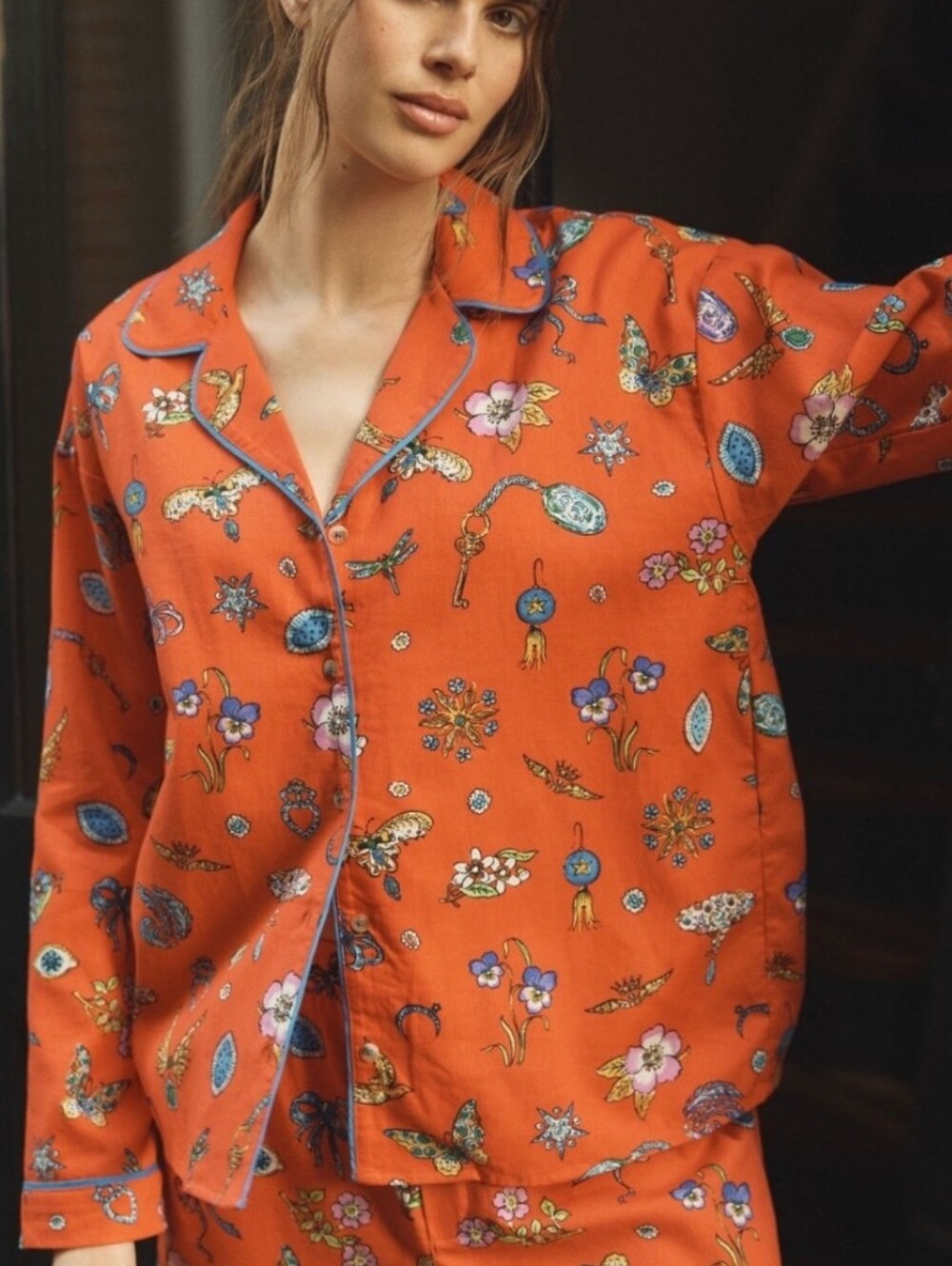 Anthropologie Lyre Bird Red Orange Cloud Flannel Notch Collar Pajama Top Sz M